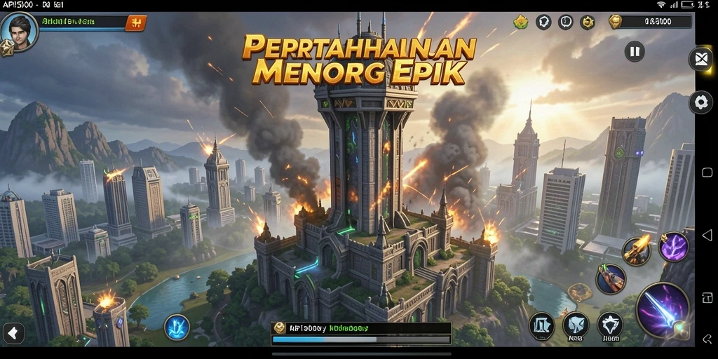 Tampilan gameplay menara bertahan yang menegangkan dan strategis.