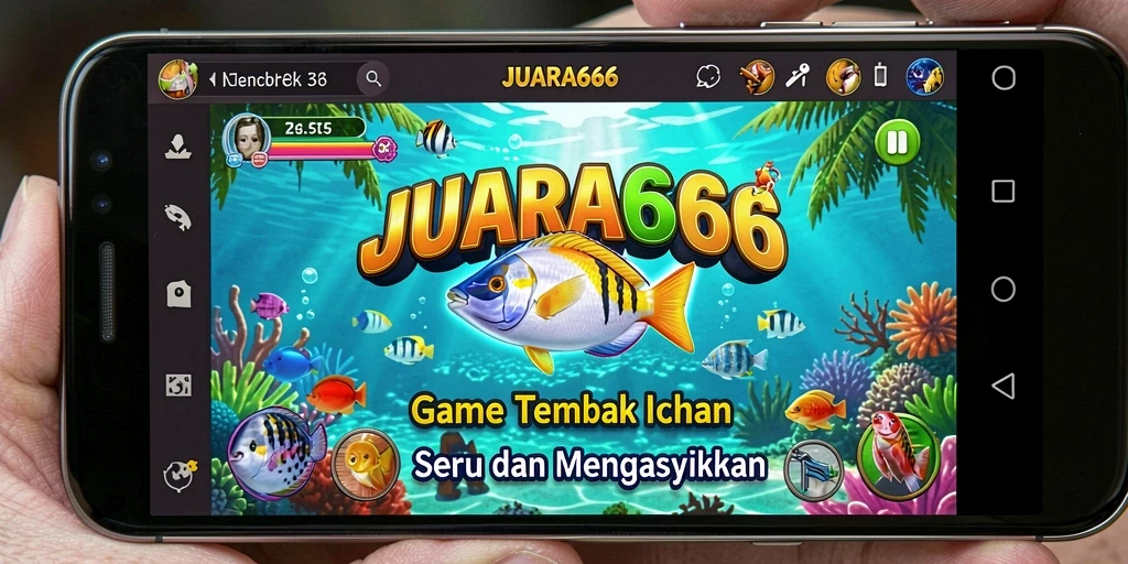 Tampilan gameplay JUARA666 yang menampilkan aksi menembak ikan di lautan.