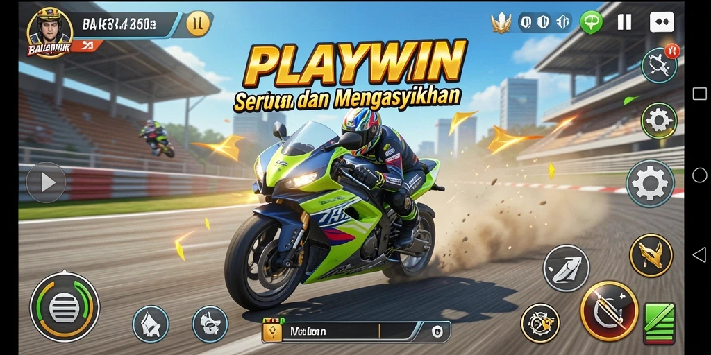 Tampilan gameplay seru PLAYWIN dengan balapan motor yang menantang.