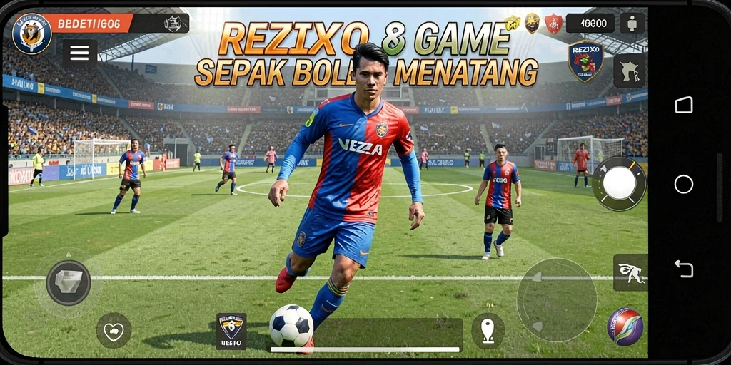 Screenshot gameplay REZIXO menampilkan aksi sepak bola yang intens.