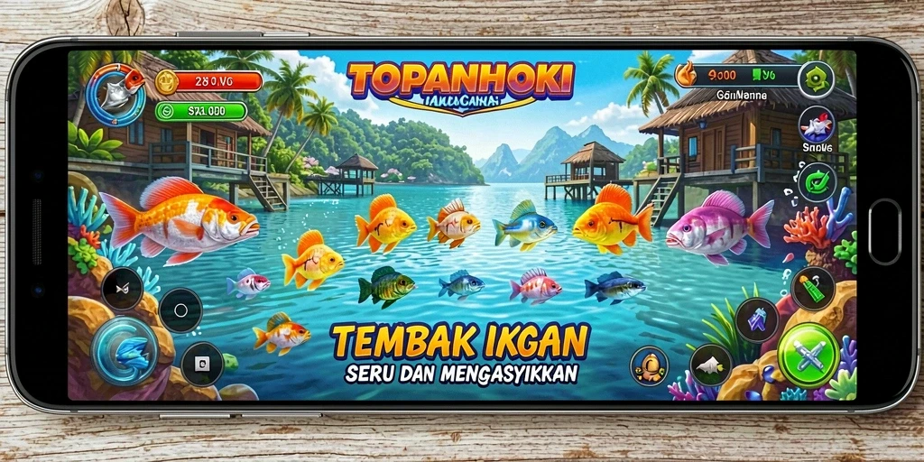 Screenshot gameplay <strong>TOPANHOKI</strong> menampilkan aksi menembak ikan yang seru.